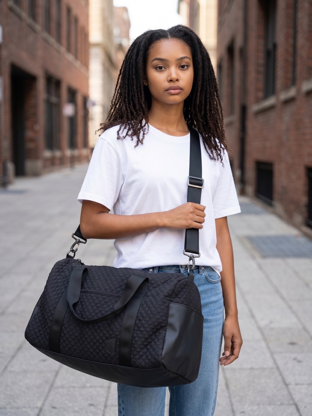 BAGSMART Quilted Black Travel Duffel with Adjustable Crossbody Strap